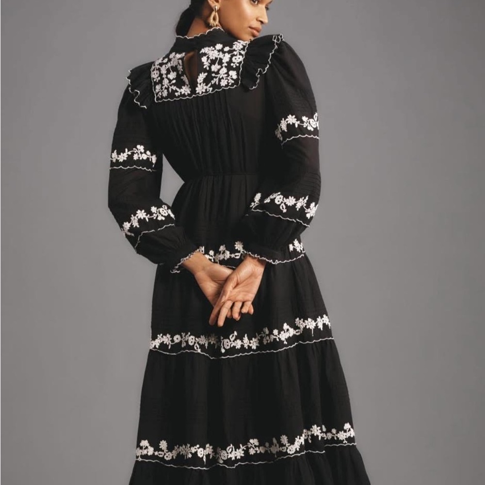 Anthropologie- Farm Rio Elegant Black Floral Dress